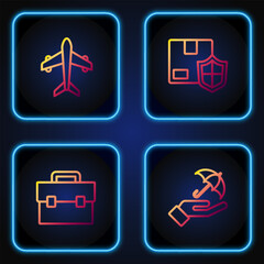 Wall Mural - Set line Umbrella in hand, Briefcase, Plane and Delivery security with shield. Gradient color icons. Vector