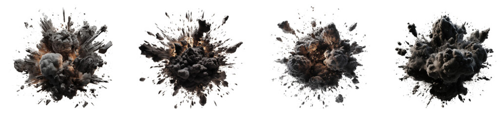 set of black powder explosion elements for design, isolated on white and transparent background