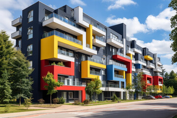 The new apartment building is painted in bright colors