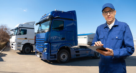 Poster - Manager with a digital tablet next to trucks. Fleet management.