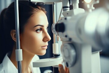 Wall Mural - A woman checks her vision at an ophthalmologist.