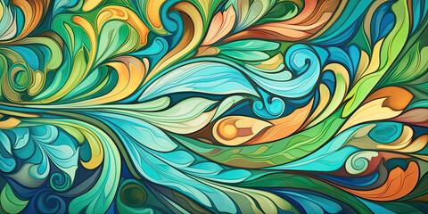 Wall Mural - Retro art with outlined arabesques in spring colors