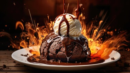 Sticker -  a plate of ice cream and chocolate on a table with fire.  generative ai