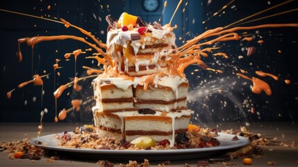 Poster -  a cake with orange and white icing on top of it.  generative ai