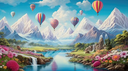 Wall Mural -  a painting of hot air balloons flying over a mountain lake.  generative ai