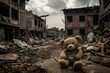 Lonely teddy bear amidst desolate urban slums; abandoned, lost, and filled with sadness. Generative AI