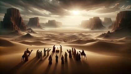 Scene of the three wise men in the desert