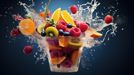 Sticker -  a fruit salad in a glass with water splashing out of it.  generative ai