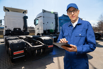 Poster - Semi truck fleet at the logistics center