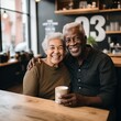 Elderly interracial couple enjoying a coffee date in a cozy cafe