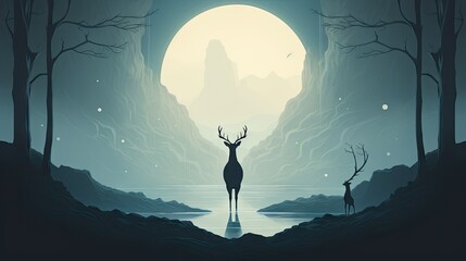 Sticker -  a deer standing in a forest next to a lake under a full moon.  generative ai