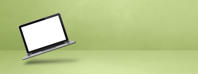 Sticker - Floating computer laptop isolated on green. Horizontal banner background