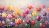 Sfumato oil painting of colorful blooming tulip flower field, impressionism, canvas texture, beautiful artistic image for poster, wallpaper, art print