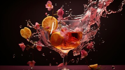 Sticker -  a glass of wine with orange slices and water splashing around it.  generative ai