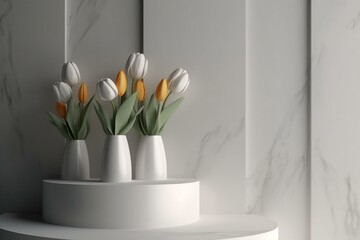 Wall Mural - White podium with tulips, modern background, 3D render. Generative AI