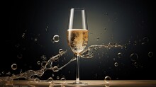  A Glass Of Champagne With Bubbles On A Black Background With A Splash Of Water.  Generative Ai