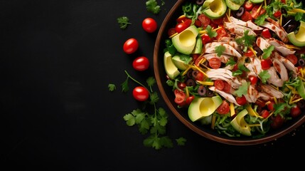 Wall Mural - Mexican rotisserie chicken salad in black bowl. top view, copy space, mockup concept