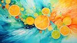  a painting of oranges and lemons on a blue background.  generative ai
