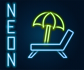 Canvas Print - Glowing neon line Sunbed icon isolated on black background. Beach umbrella and Sun lounger. Colorful outline concept. Vector