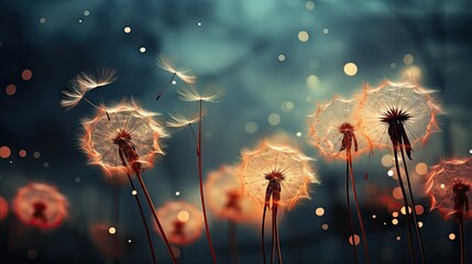 Canvas Print -  a group of dandelions blowing in the wind on a dark background.  generative ai