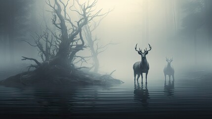 Poster -  two deer standing in the water in a foggy forest.  generative ai