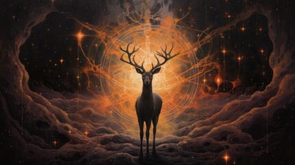 Poster -  a painting of a deer standing in front of a star filled sky.  generative ai