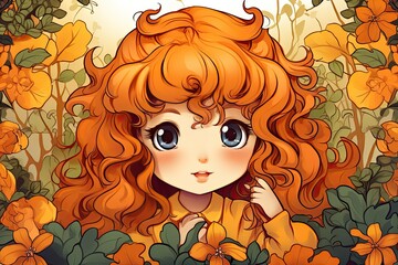 Sticker -  a girl with long red hair standing in a field of flowers.  generative ai