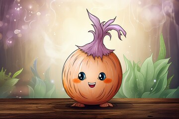 Wall Mural -  a cartoon onion with a purple hair on a wooden table.  generative ai