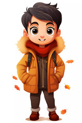 Cute Boy Dressed in Autumn Clothes. Happy cartoon character. Realistic colorful isolated illustration on white background.