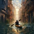 © Zachary - Urban Explorer: Illustration of a Man Kayaking Through Flooded City