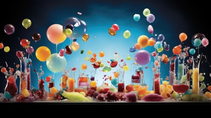 Canvas Print -  a bunch of balloons are floating in the air over a table.  generative ai