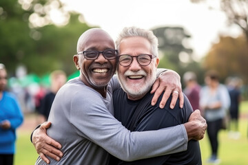 Wall Mural - Multiracial senior people having fun, hugging each other after sport workout at city park. Healthy lifestyle and joyful elderly lifestyle concept