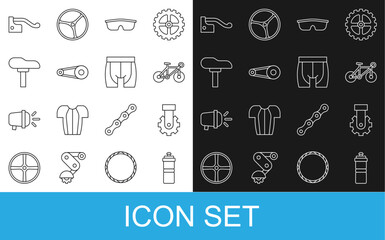 Canvas Print - Set line Sport bottle with water, Derailleur bicycle rear, Bicycle, cycling sunglasses, chain gear, seat, brake and Cycling shorts icon. Vector