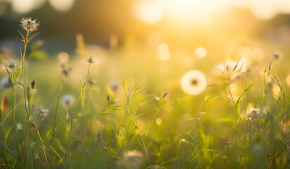 Sticker - Sunset on the meadow with dandelions, shallow depth of field. Abstract summer nature background