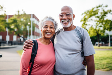 Wall Mural - Multiracial senior people having fun, hugging each other after sport workout at city park. Healthy lifestyle and joyful elderly lifestyle concept