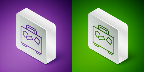 Wall Mural - Isometric line Suitcase for travel icon isolated on purple and green background. Traveling baggage sign. Travel luggage icon. Silver square button. Vector