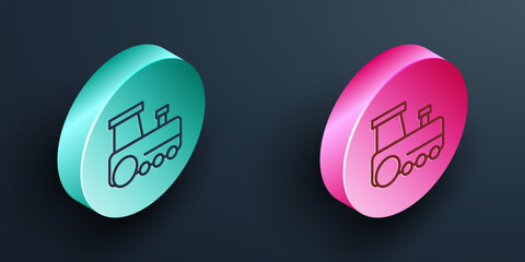 Wall Mural - Isometric line Toy train icon isolated on black background. Turquoise and pink circle button. Vector