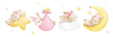 Fototapeta Pokój dzieciecy - Draw vector illustration banner baby bunny girl For nursery birthday kids Sweet dream