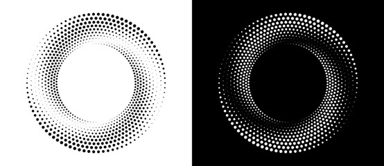 Fototapete - Modern abstract background. Halftone dots in circle form. Round logo. Vector dotted frame. Design element or icon. Black shape on a white background and the same white shape on the black side.