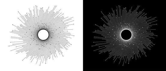 Fototapete - Connecting many dots with circle in center via lines. Big Data concept. Design element or icon. Black shape on a white background and the same white shape on the black side.