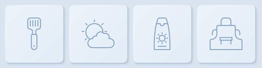 Set line Spatula, Sunscreen cream in tube, and cloud weather and Kitchen apron. White square button. Vector