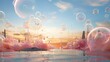 © Olga - a bunch of bubbles floating in the air over a body of water.  generative ai