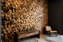 Triangular Wood Blocks Creatively Stacked To Form A Wall, Adorned With Soft Sheen Mosaic Tiles. Generative AI