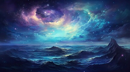 Wall Mural -  a painting of the ocean with a sky full of stars.  generative ai