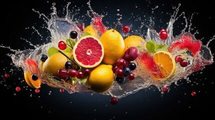Wall Mural -  a bunch of fruit is splashing out of water on a black background.  generative ai