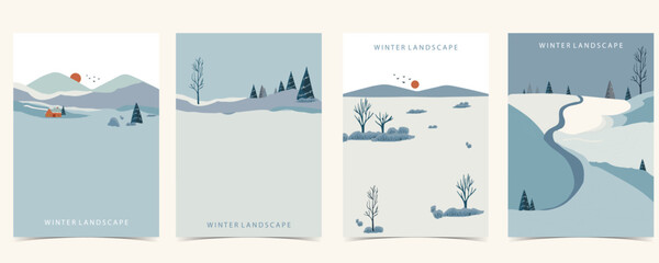 Wall Mural - winter landscape background with mountain,tree.editable vector illustration for postcard,a4 vertical