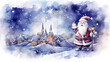 Christmas card in watercolor theme, christmas background,Santa claus with gift box in the galaxy village,merry christmas watercolor