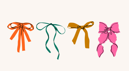 Set of various Bow knots, tie ups, gift bows. Hand drawn Vector illustration. Isolated colorful design elements. Wedding celebration, holiday, party decoration, gift, present concept