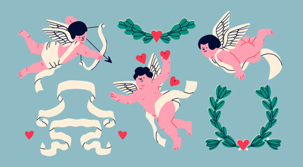 Cupids or cherubs, wreath, ribbon, hearts. Cute flying characters with bow and wings. Hand drawn Vector illustration. Isolated design elements. Valentine's Day, romantic holiday celebration concept