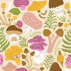 Wall Mural - Vector hand-drawn mushroom seamless pattern. Natural forest seamless print design for kids fabric. Cute mushroom seamless texture.